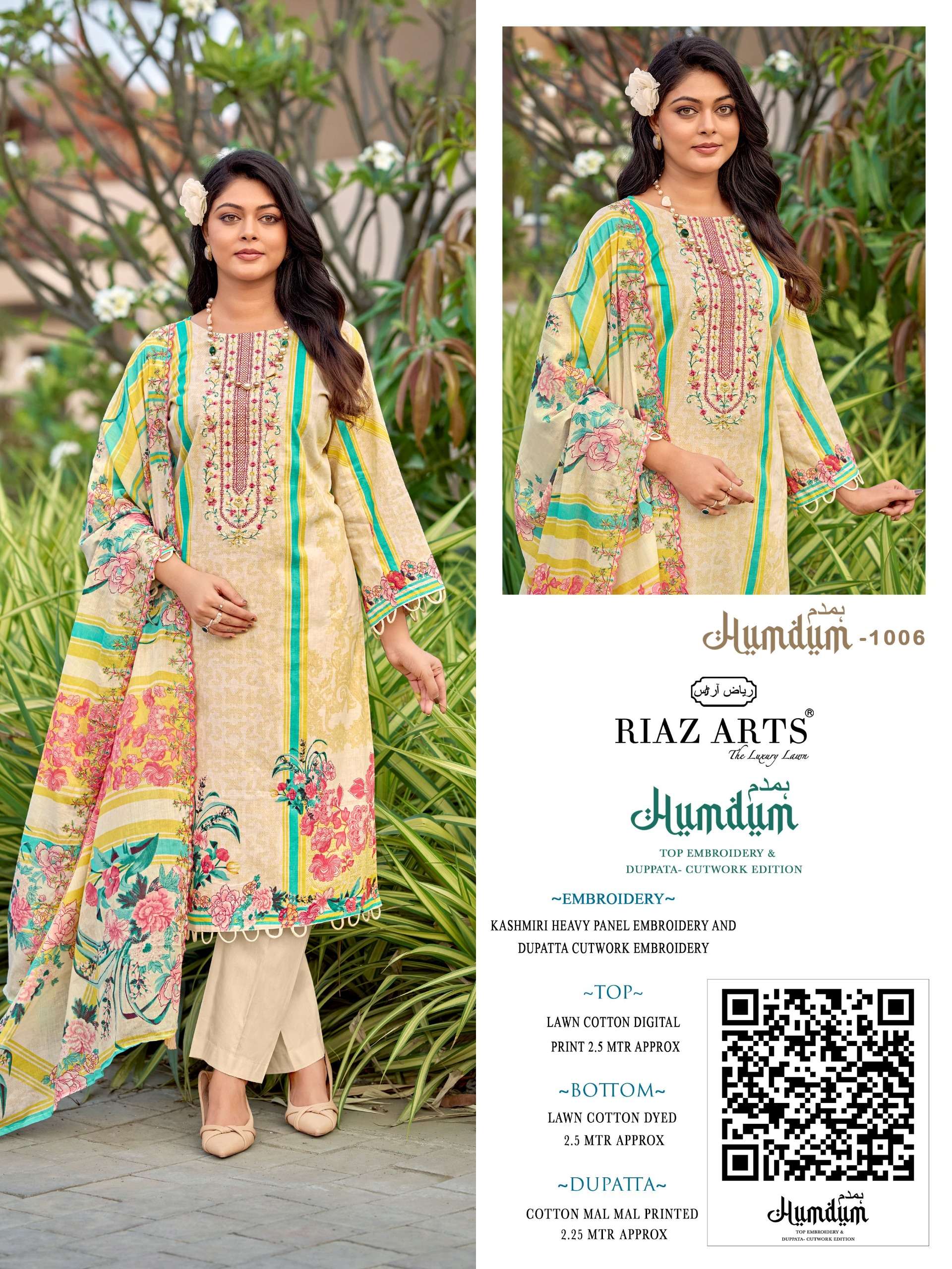 RIAZ ARTS HUMDUM TOP & DUP WORK LAWN COTTON DESIGNER PAKISTANI STYLE SUIT TEXTILE MARKET 